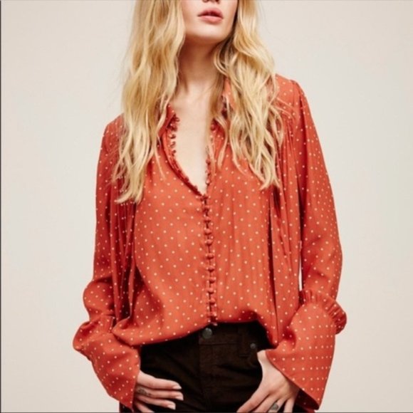 Free People Tops - Free People Modern Muse Dot Bow Neck Blouse Top